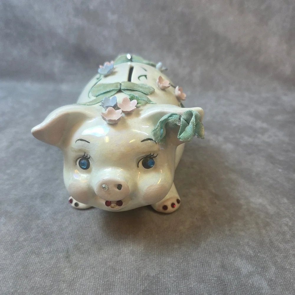 Vintage Iridesct. Ceramic Piggy Bank 3D Flowers Ribbon Lusterware Rhinestone Eye
